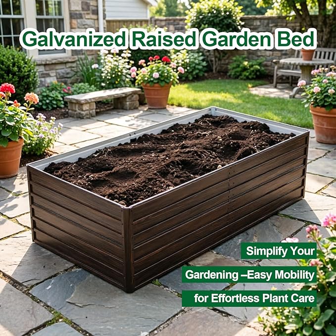 7.2x3.6x2 Ft Outdoor Raised Garden Bed Heavy Duty Galvanized Steel Planter Box with Woodgrain Finish Rectangular Garden Trough for Vegetables Herbs Fruits &amp Flowers Brown