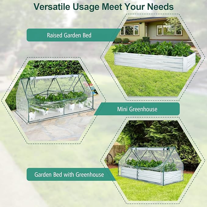 Raised Garden Bed with Cover - 6 x 3 x 3Ft Galvanized Steel Planter Box Kit with 2-Tier Roll-Up Zipper Windows Outdoor Mini Greenhouse for Growing Fruit Vegetable Flower Herbs