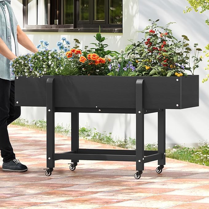 LUE BONA Raised Garden Bed with Wheels 48 * 16.7 * 28 in Poly Elevated Outdoor Planter Box with Tools Weather Resistant Standing Growing Bed Herb Planter for Vegetable Flowers Fruits