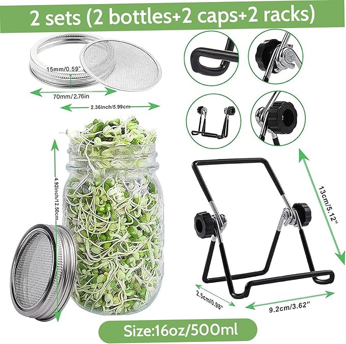 Sprouting Jar 2 Sets Wide Mouth Seed Sprouter with Mesh Lid 16oz Sprouting Kit with Adjustable Stand 4.92in Transparent Sprouts Growing Kit for Beans Broccoli