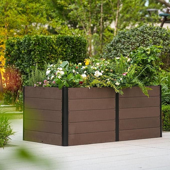 Wood Raised Garden Bed 48x25x29 in Tall Outdoor Planter Box with Bottom Deep Root Elevated Garden Bed for Vegetables Herbs Flowers All-Weather Composite Rectangle Planter for Patio Backyard