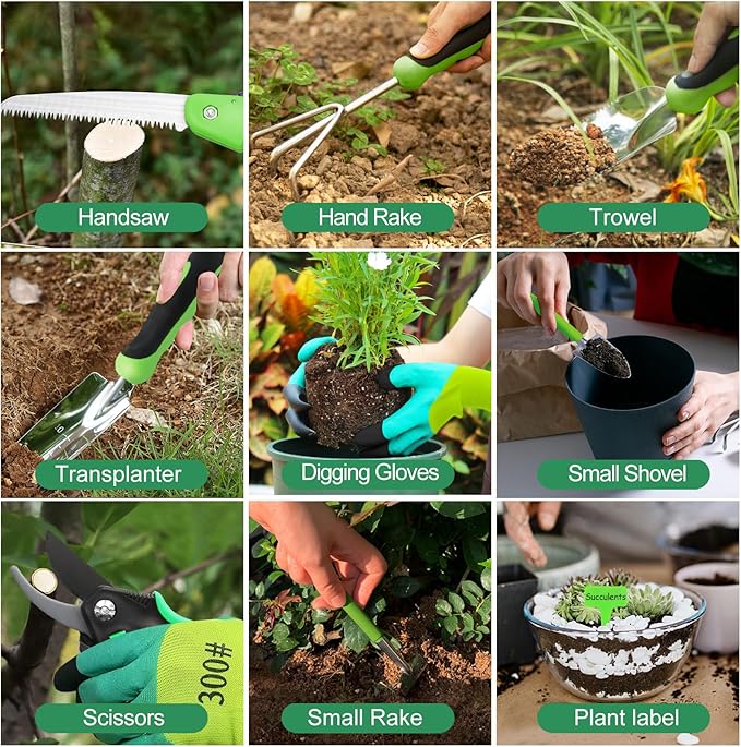 Gardening Tools Set of 11 Heavy Duty Stainless Steel Garden Hand Tools with Tote Bag Rust-Proof Ergonomic Gardening Kit Gifts for Women Men Plant Lover