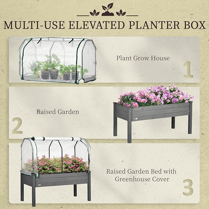 Outsunny Raised Garden Bed with PE Greenhouse Cover Outdoor Elevated Wood Planter Box for Herbs and Vegetables Use for Patio Backyard Balcony 48 x 22 x 46 inch Dark Gray