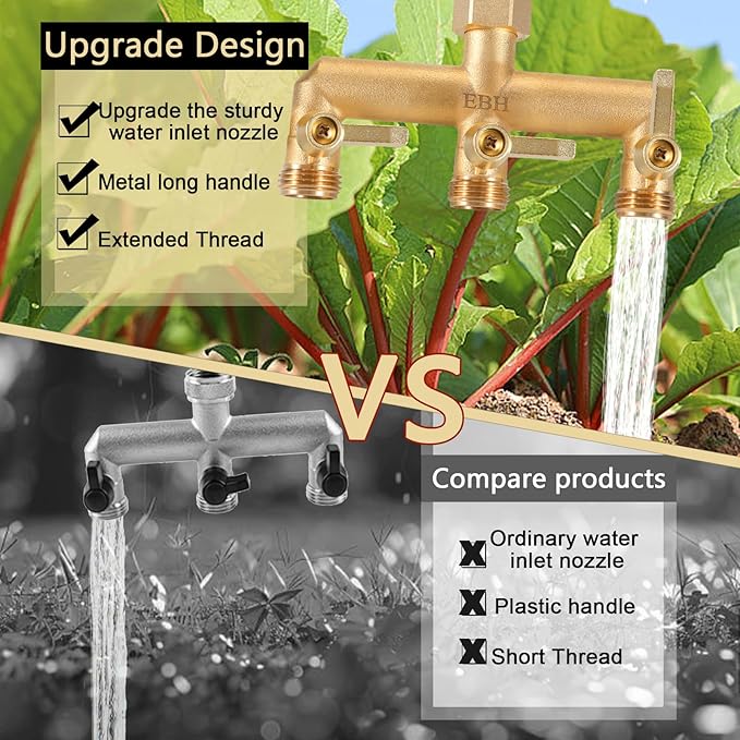 EBH Brass Garden Hose Splitter 3 Way Outdoor Faucet Splitter 3 Long Metal Handle and Individual On/Off Valve GHT 3/4-Inch Heavy Duty Hex Female Inlet and 3/4-Inch Male Outlet