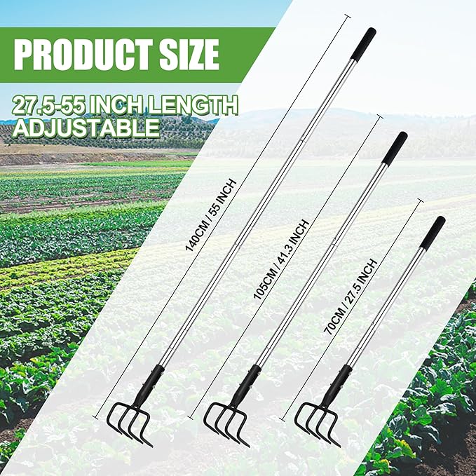 Long Hand Cultivator Carbon Steel &amp Stainless Steel Tiller Cultivator Garden Cultivator with Telescopic Handle and Soft Handle Cover Hand Tiller for Digging Loosening Weeding