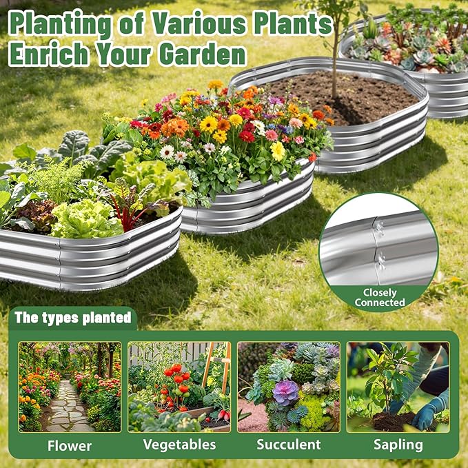 Hexagon Raised Garden Bed 48 Inch Diagonal &amp 12 Inch Tall Galvanized Steel Planter Box with Wave-Shaped Metal Panels for Outdoor FlowerTreeHerb &amp Vegetable Garden (Silver 4FT X 1FT)