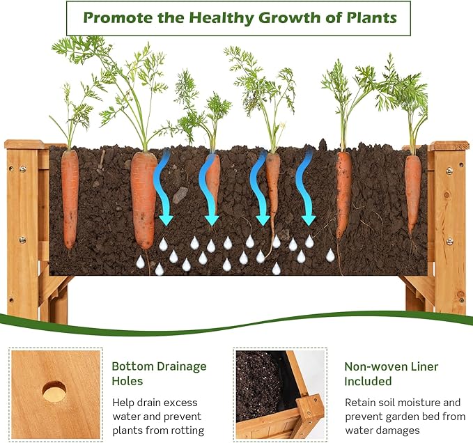 HAPPYGRILL 8-Grid Raised Garden Bed 36” Elevated Wood Planter Box with Liner &amp Shelf Removable Divider Drainage Holes Outdoor Gardening Bed with Legs for Backyard Patio