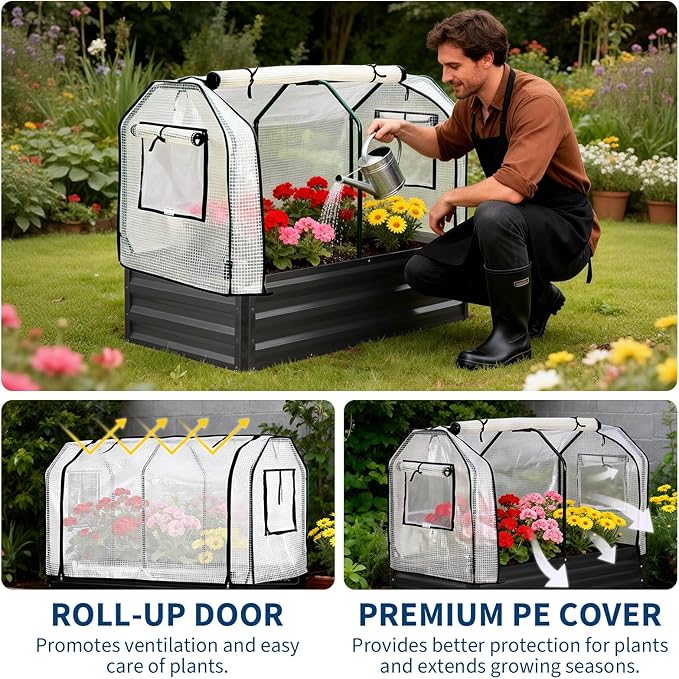 PeakPursuit Raised Garden Bed with Greenhouse Cover Raised Bed with Legs &amp Built-in Spray Tube for Vegetables Galvanized Metal Elevated Planter Box for Patio Backyard Balcony