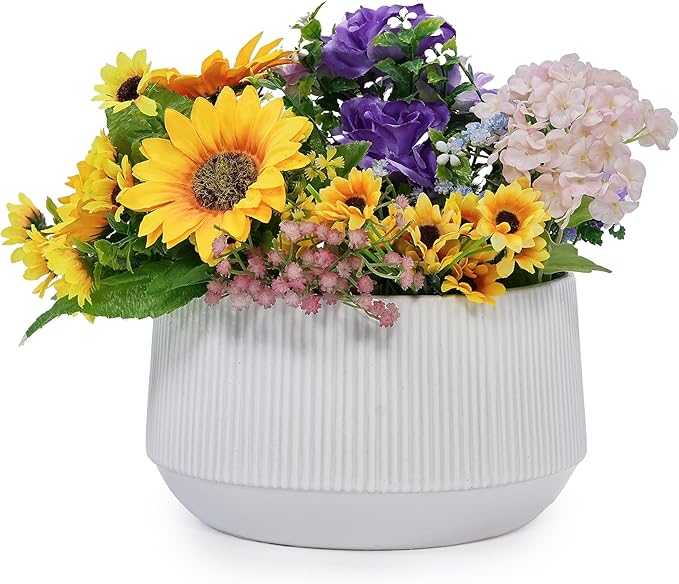 Handmade Ceramic Planter Set of 2 11 8 Diameter White with Vertical Ridges for Aquatic Plants IndoorOutdoor Shelf Table Use Breathable Non Porous Clay