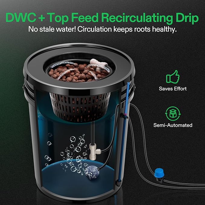 VIVOSUN DWC Hydroponics Grow System with Top Drip Kit 5-Gallon Deep Water Culture Recirculating Drip Garden System with Multi-Purpose Air Hose Air Pump and Air Stone (4 Buckets + Top Drip Kit)