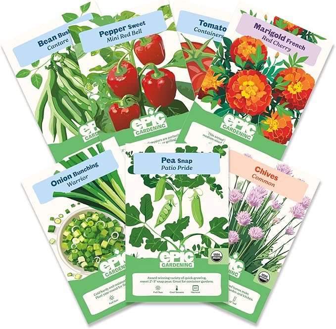 Epic Gardening Beginner Patio Garden Seed Kit - 7 Compact Varieties for Small Spaces Includes Peppers Beans Tomatoes &amp Flowers Non-GMO Seeds for Urban Gardening in Containers or Balconies
