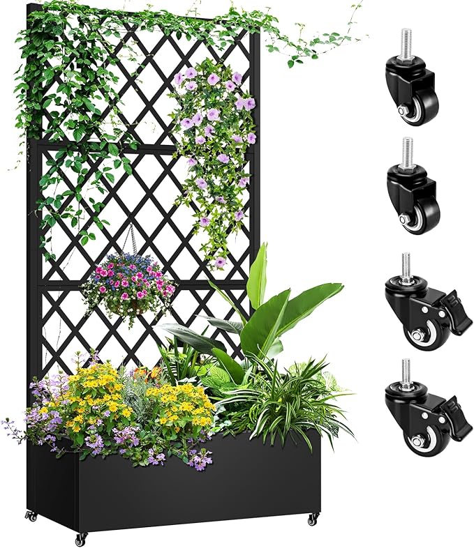 Metal Planter Box with Trellis 72x35x16 Metal Raised Garden Bed with Trellis Trellis Planter Box with Drainage Holes &amp Lockable Casters for Climbing Plants Vegetables and Vines
