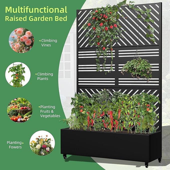 Casaphoria Metal Raised Garden Bed with Trellis and Wheels 72x47x16 Planter Box for Climbing Plants Vegetables &amp Vines Features Drainage Holes and Privacy Screen Black(Parallel&ampHarold)