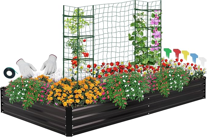 ONCEMORE Galvanized Raised Garden Bed for Vegetables Flowers Herbs Metal Raised Garden Bed Kit with 2 PCS Tomato Cage Gloves Trellis Netting Plant Labels Plant Ties Black 6×3×1FT