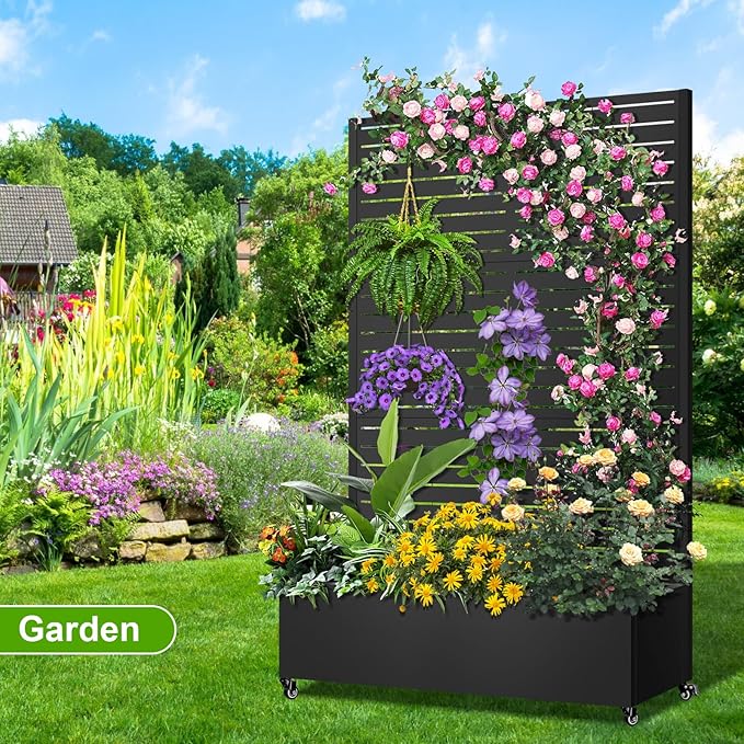 Metal Planter Box with Trellis 72x47x16 Metal Raised Garden Bed with Trellis Trellis Planter Box with Drainage Holes &amp Lockable Casters for Climbing Plants Vegetables and Vines