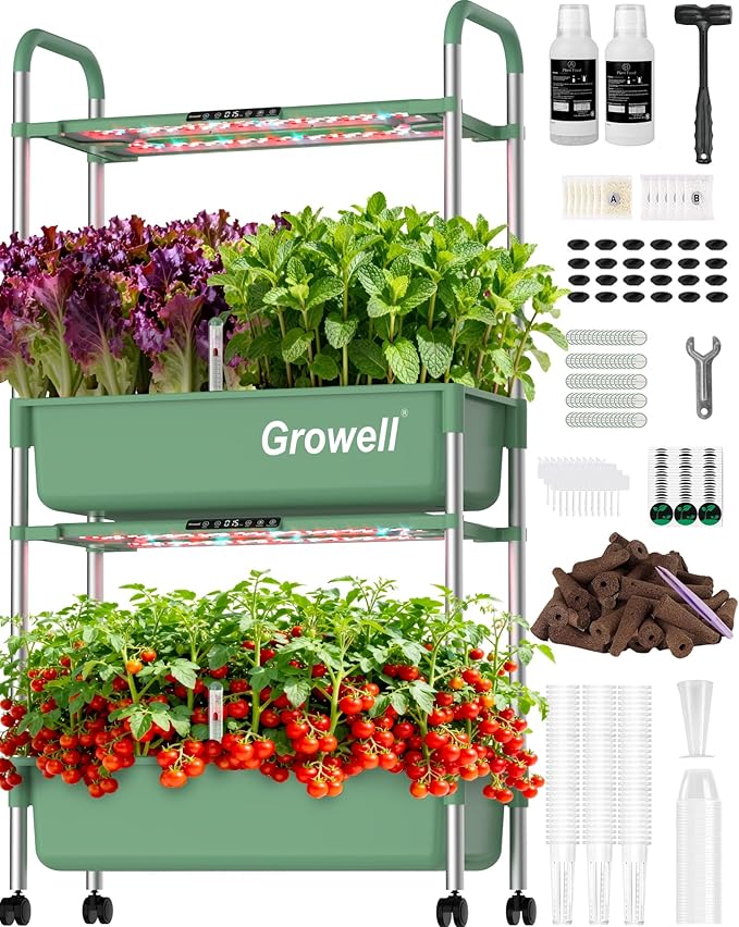 Large Hydroponics Growing System Kit Vertical Indoor Herb Garden Kit with LED Grow Light &amp Independent Water Pump 28L Movable Indoor Planter Perfect Gardening Gifts (2 Tier-54 Pods Green)