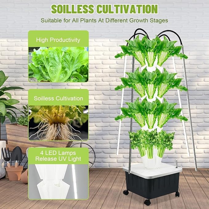 Vertical Hydroponic Tower Garden Kit - 40 Plant Indoor Growing System with LED Grow Lights 8-Tier Planter on Wheels Smart Timer for Herbs Fruits and Vegetables
