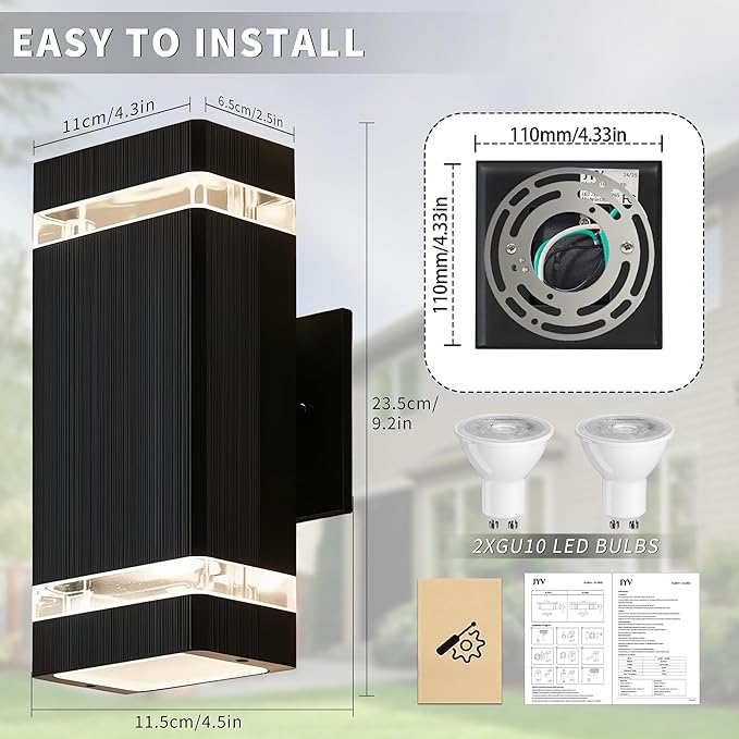 Square Outdoor Wall Lights 2 Pack Up and Down LED Porch Lights Aluminum Exterior Lighting Fixtures with 2 * 7W Bulbs 3000K Waterproof Outdoor Sconces Wall Lighting for House Porch Garage Black