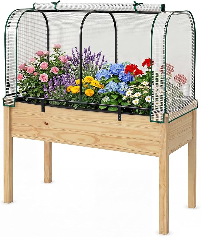 Giantex Raised Garden Bed with Cover Wood Elevated Planter Box with Legs &amp Mini Greenhouse Waterproof Sun-Protective PE Green House Cover Outdoor Use for Fruit Vegetable Flower Herb (White+Natu