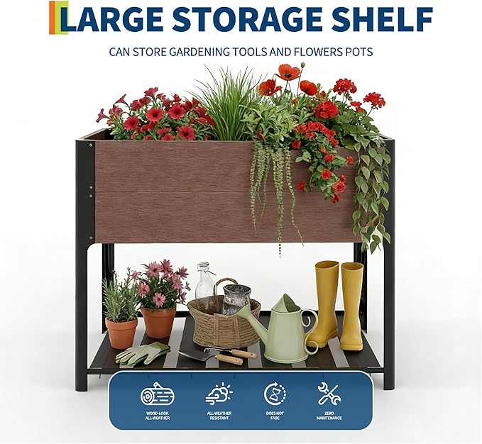 PeakPursuit All-Weather Elevated Garden Bed with Storage Shelf HDPE Wood Grain Planter Box &amp Sturdy Black Aluminum Frame for Vegetables Herbs on Patio Balcony42 l x 33 h