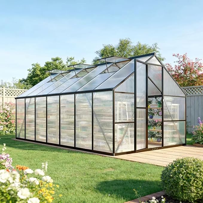 8 x 14 FT Greenhouse for Outdoors Polycarbonate Greenhouse with Quick Setup Structure and Roof Vent Aluminum Large Walk-in Green House for Outside Garden Backyard Dark Gray
