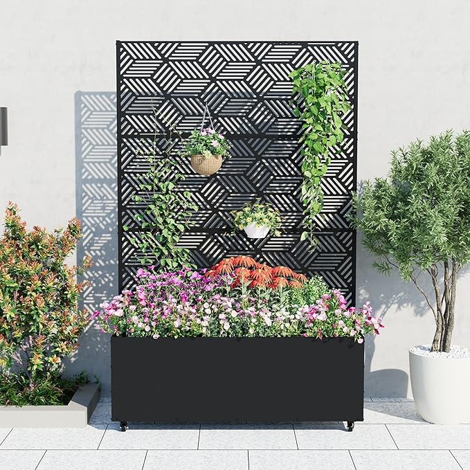 Garvee Metal Raised Garden Bed with Trellis and Wheels 71x47x16 Metal Planter Box with Trellis Privacy Screen for Climbing Plants Vegetable Vines Drainage Holes 15.8 Deep Planting BedBlack