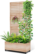 Metal Raised Garden Bed with Trellis 2-in-1 Planter Box &amp Privacy Screen for Climbing Plants Outdoor Standing Flower Bed with Drainage Holes 35.4 L x 15.7 W x 70.1 H Acacia Wood Grain