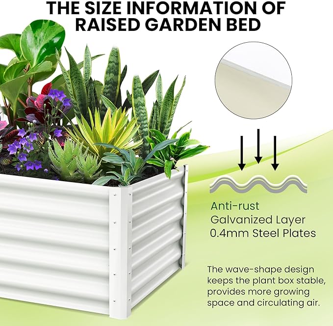 Raised Garden Bed Rectangular Planter Raised Beds for Plants Vegetables and Flowers Outdoor Metal Raised Garden Beds 6x3x1.5 FT White