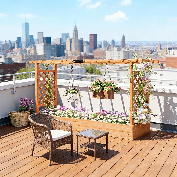 Decorative Wooden Planter Box with Trellis - A Raised Garden Bed That Enhances Patio Deck or Backyard Decor Grows Roses Ivy or Cucumbers in Style