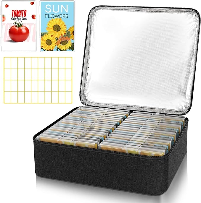 38 Slots Seed Storage Organizer Box with Insulated Bag That Holds 80-200 Seed Envelopes Oxford Cloth Garden Seed Containers with Labels Seed Packet Organizer for Plant Flower Vegetable Seeds