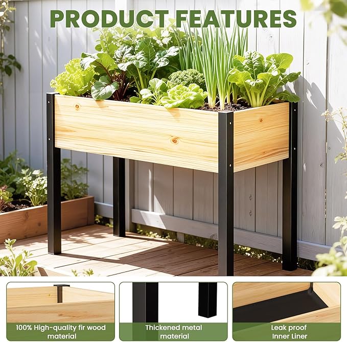SUNYRISY Wooden Raised Garden Bed Outdoor with Metal Legs for Gardening 45.6 L x 23.6 W x 31.5 H Elevated Planter Garden Box Raised Bed for Vegetable Flower Herb