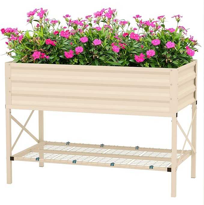 Outsunny Raised Garden Bed with Galvanized Steel Frame Storage Shelf and Bed Liner Elevated Planter Box with Legs for Vegetables Flowers Herbs Cream