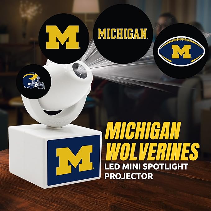 Sporticulture NCAA American Football Michigan - Adjustable Led Mini Spotlight Projector with 6 Team Logo Designs - Portable &amp Rechargeable Spotlight - Battery-Operated - 4.375” x 3.125”