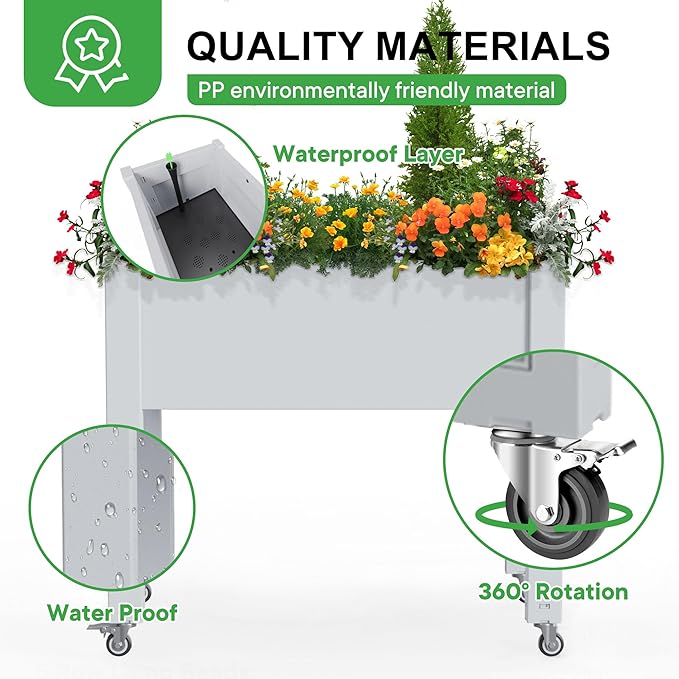 Mobile Raised Garden Bed with Lockable Wheels Elevated Planter Box with Drainage &amp Internal Support Bars Eco-Friendly Outdoor Planter for Patio Balcony Yard (Ashen30.04*17.72*28.9)