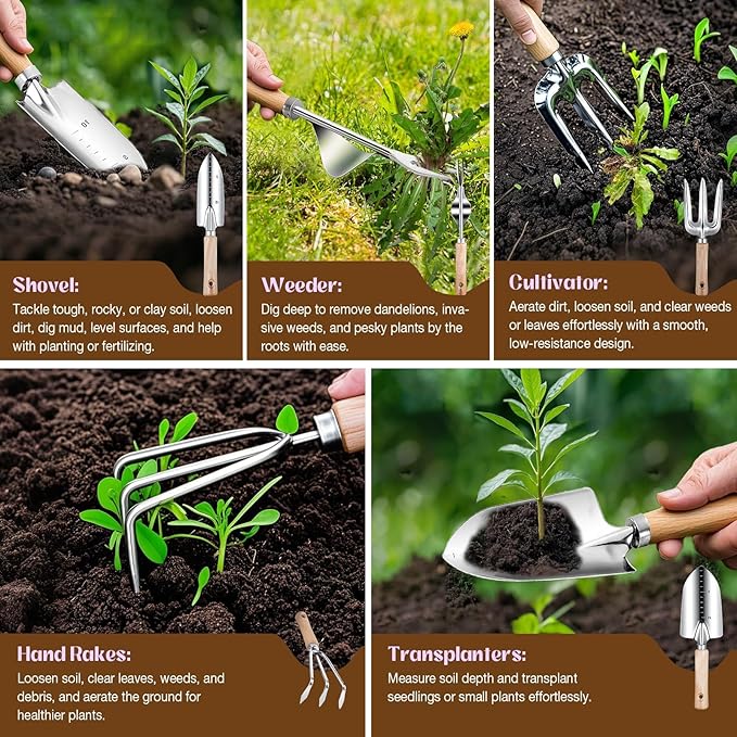 Gardening Tools 9-Piece Heavy-Duty Garden Tools Set Stainless Steel Garden Hand Tools with Purple Floral Tote Bag and Repotting Mat Garden Supplies Kit Gifts for Women
