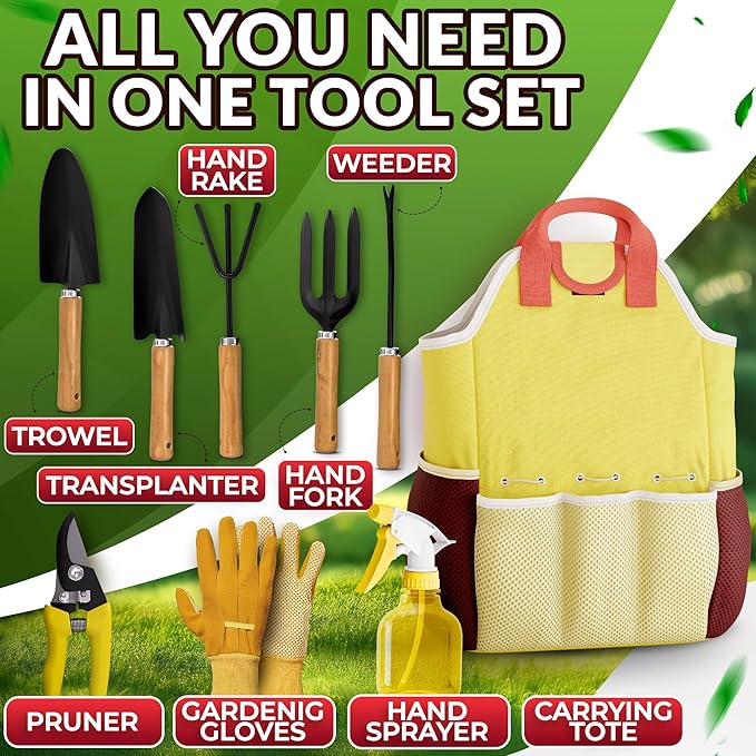 Compact Gardening Tool Set of 9 - Mini Garden Kit for Women with Multiple Pockets Rust-Proof Steel Planting Tools for Gardeners - Portable Garden Tool Bag Outdoor and Indoor Gardening Kit for Women