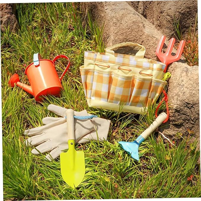 BESPORTBLE 7pcs Boy Girl Garden Tools Kit Gloves Watering Can Shovel Rake and Carrying Bag for Outdoor Fun Safe and Gardening Toys for Boys and Girls