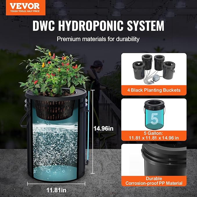 VEVOR DWC Hydroponics Grow System Hydroponic Growing System with Top Drip Kit Deep Water Culture 5-Gallon 4 Buckets with Air Pump Air Stones and Water Level Device for Leafy Vegetables