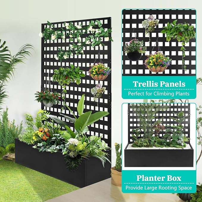 Metal Planter Box with Trellis Raised Garden Bed with Drainage Holes Privacy Planters for Patio as a Privacy Screen for Climbing Plants Outdoor (46x18x71Inch)