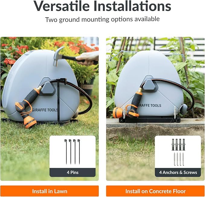 Giraffe Tools Ground Mounted Retractable Hose Reel 1/2 Inch x 82FT Heavy Duty Automatic Rewind Garden Hose Reel with Flexible Swivel Base for Lawn Concrete Floor