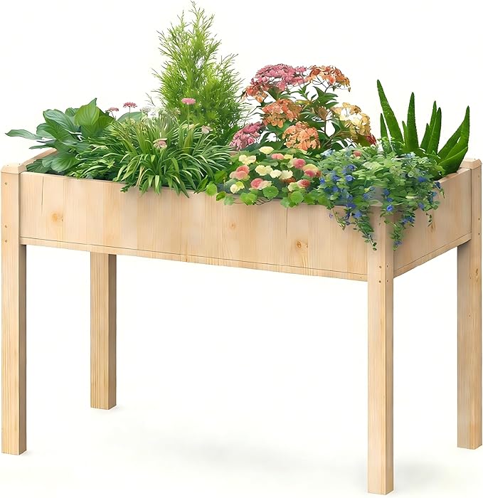 DUMOS Raised Garden Bed with Legs 48x24x30 Inch Planter Box Outdoor with Liner for Herbs/Flowers/Vegetables Elevated Wooden Garden Bed for Patio Balcony and Backyard Soft Wood