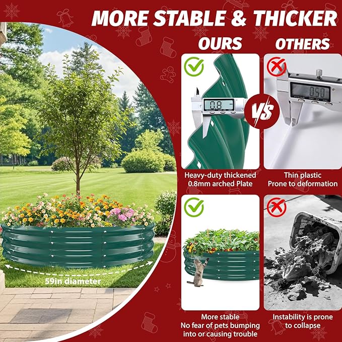 12 Inch Tall Heavy-Duty Round Steel Rised Garden Bed – Wave-Shaped Design Galvanized Metal Planter Box for Vegetables Flowers Succulent at Patio/Garden Outdoor (Green 60 Diameter)