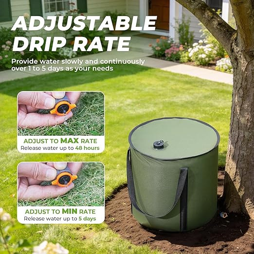 HIRALIY 15 Gallon Cylindrical Tree Watering Bag 2 Pack Slow Release 1-5 Days Deep Root &amp Automatic Drip Irrigation System for Multi-Trunk Newly Planted Small Trees and Shrubs