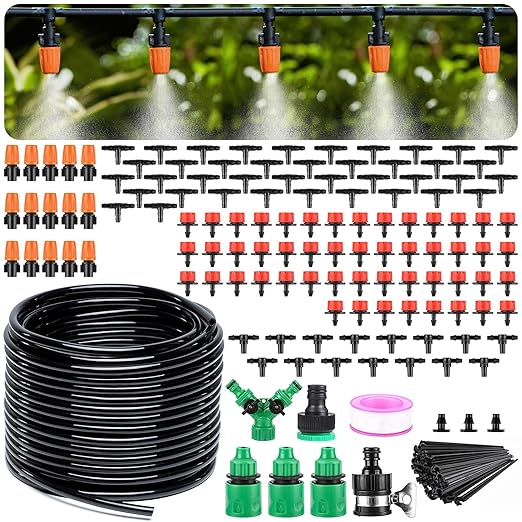 LasTool 164FT Drip Irrigation KitAutomatic Garden Watering System with 1/4 TubingAdjustable Mist Sprayer Nozzles &amp Drip Emitters for Raised BedPatioLawn Greenhouse-Easy DIY Installation