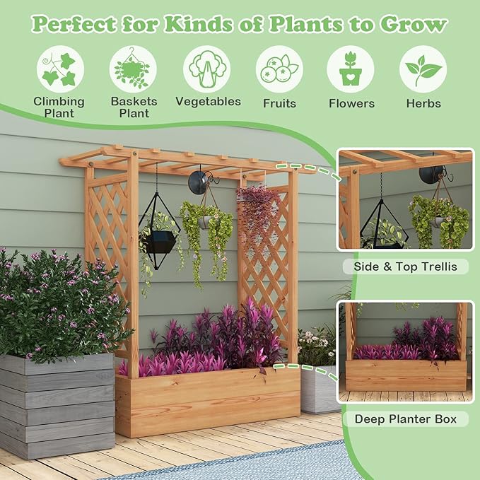 Raised Garden Bed with Trellis Wood Planter Box with Arch Trellis Hanging Roof &amp Drainage Holes Outdoor Elevated Planter for Garden Climbing Plants Flowers Vegetables (2)