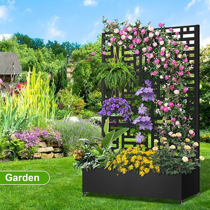 Metal Planter Box with Trellis 72x47x16 Metal Raised Garden Bed with Trellis Trellis Planter Box with Drainage Holes &amp Lockable Casters for Climbing Plants Vegetables and Vines