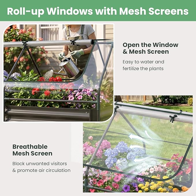 HAPPYGRILL Raised Garden Bed with Cover Planter Boxes Outdoor w/Mini Greenhouse 2 Roll-up Windows &amp Open-Ended Base Metal Growing Raised Bed for Vegetables (Black 71” x 36” x 48”)
