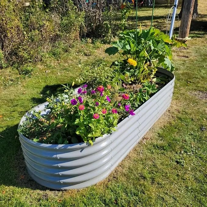 8 Pack 8x3x1.5FT Galvanized Raised Garden Bed Kit Oval Metal Ground Planter Box Outdoor Bottomless Planter Raised Beds for Vegetables Flowers Herbs Fruits Gray
