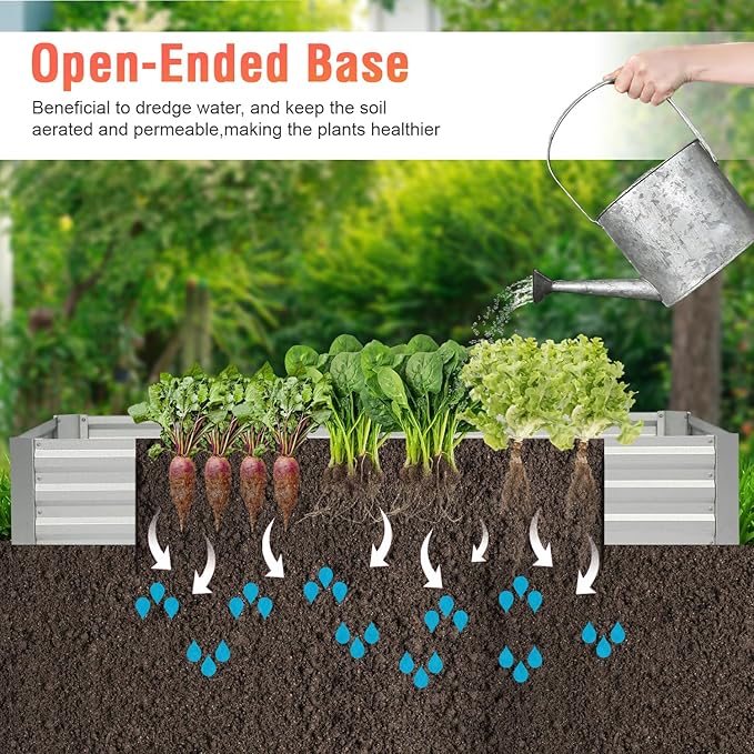 PayLessHere Galvanized Garden Bed 8x4x1FT Outdoor Raised Garden Bed for Vegetables Flowers and Herbs Planter Boxes Large Galvanized Steel Raised Bed Kit with Metal Pole Reinforcement Silver