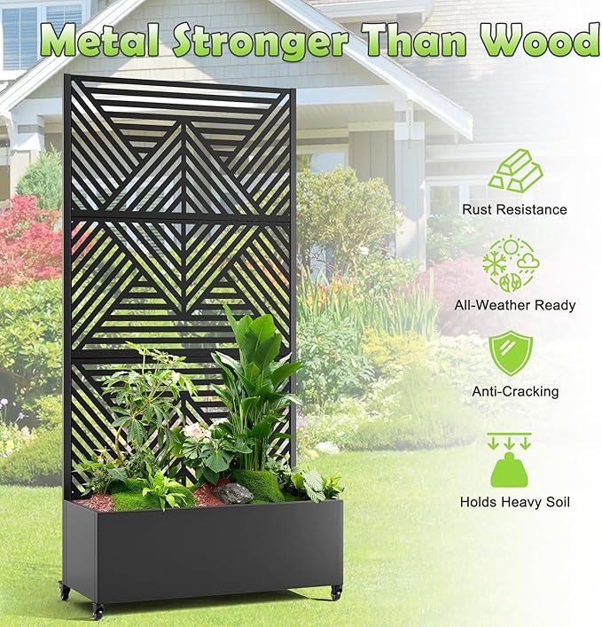 15.7×70.9×35.4 Metal Raised Garden Bed with Trellis and Wheels - Tall Trellis Planter Box for Climbing Plants Vegetables &amp Vines - Outdoor Privacy Planters for Patio (Black-Zodiac)